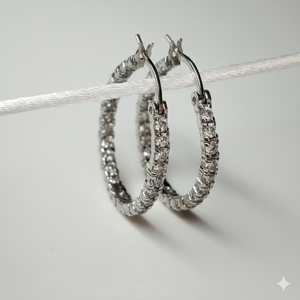 Earrings 1" Hoops 925 Sterling Silver FAB Prong Cubic Zirconia Pierced Vintage - Picture 1 of 8